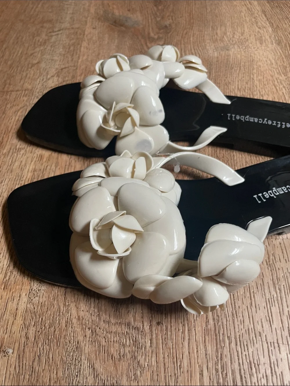 Jeffrey Campbell Black Footbed White Floral Slide Sandals
